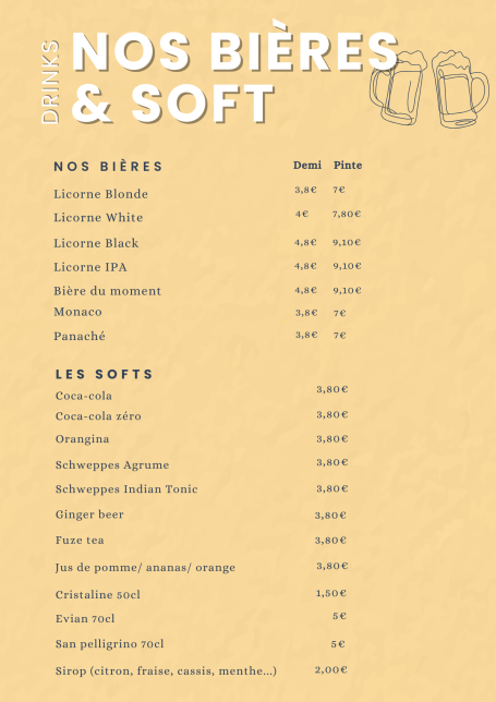 Menu des boissons ; bières et soft du restaurant