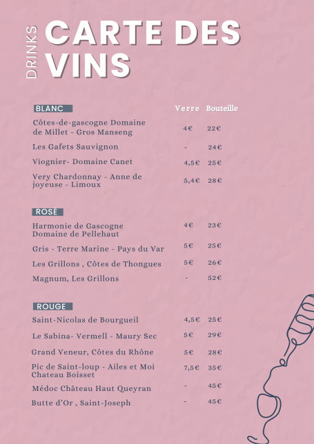 Carte des vins avec une sélection de bouteilles