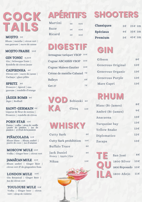 Carte des cocktails ; bar à cocktail