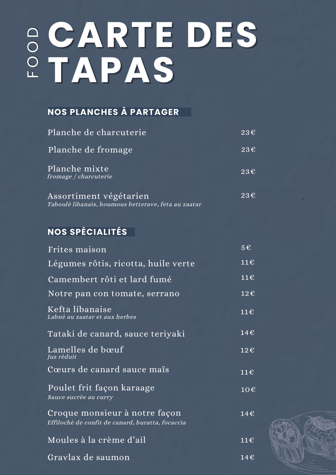 Carte des tapas du restaurant